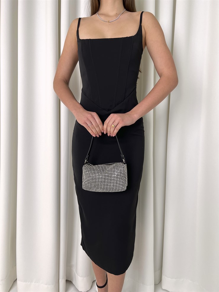 Askılı Korse Detay Tina Kadın Siyah Kalem Midi Elbise 23K000455