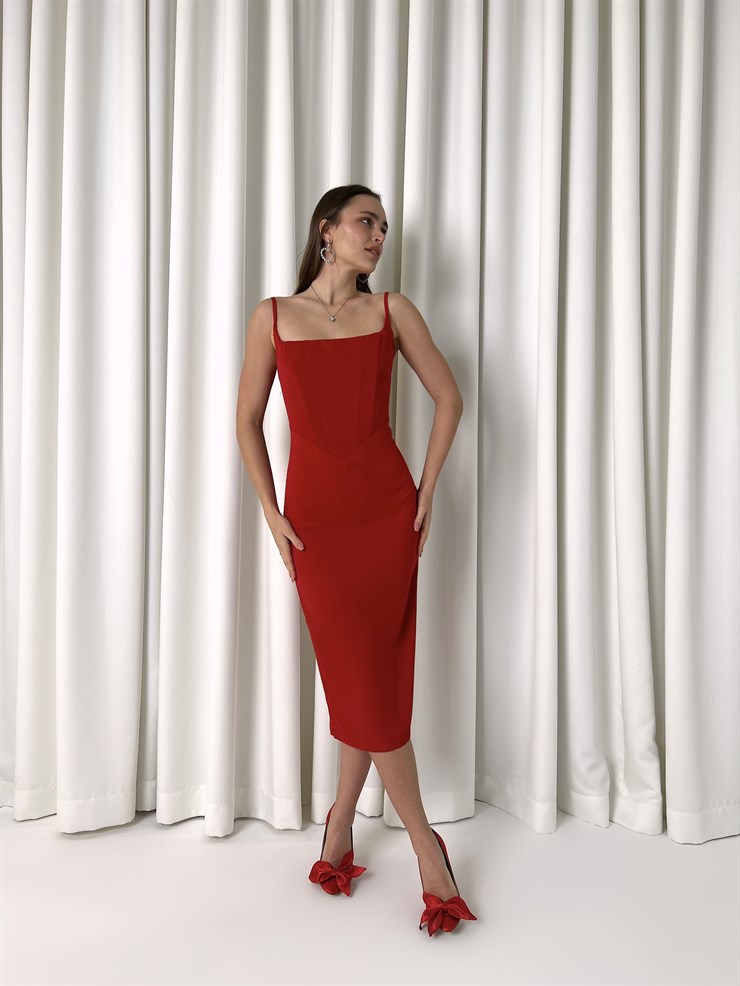 Askılı Korse Detay Tina Kadın Kırmızı Kalem Midi Elbise 23K000455