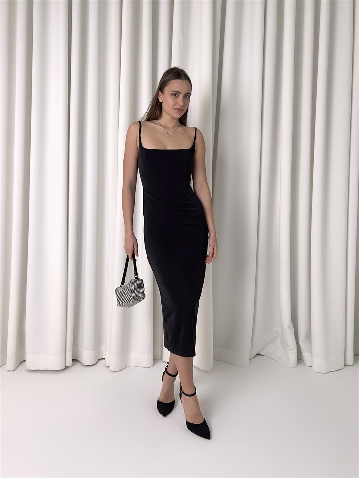 Askılı Korse Detay Tina Kadın Siyah Kalem Midi Elbise 23K000455