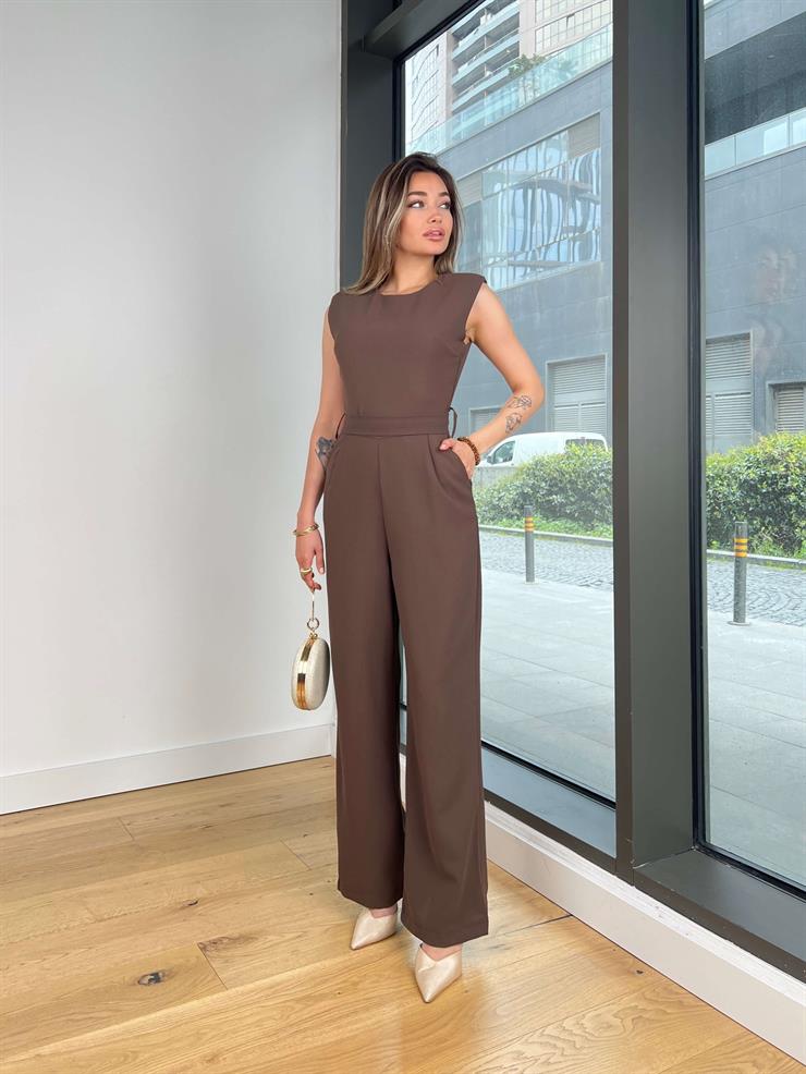 Kolsuz Belden Bağlamalı Tırast Kahve Kadın Tulum 25Y272