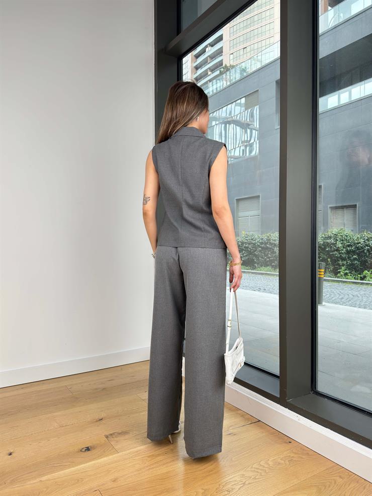 Yüksek Bel Pens Detaylı Bol Paça Tıray Antrasit Kadın Pantolon 25Y244