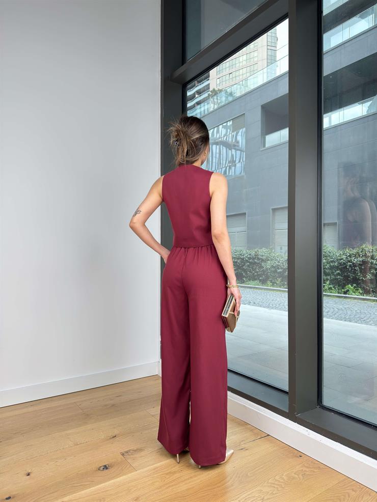 Yüksek Bel Pens Detaylı Bol Paça Tıray Bordo Kadın Pantolon 25Y244