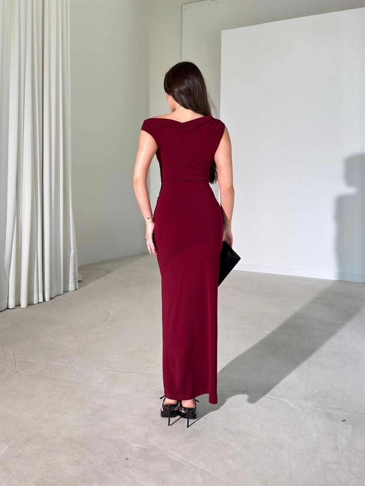 Düşük Omuz Yandan Yırtmaçlı Maxi Bordo Titus Kadın Elbise 26Y329