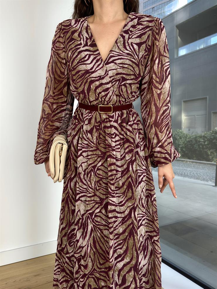 Kruvaze Yaka Beli Kemerli  Desenli Tobile Renkli Kadın Elbise 25K385