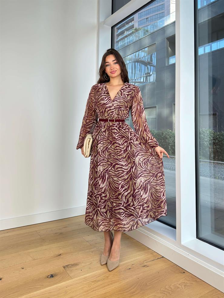 Kruvaze Yaka Beli Kemerli  Desenli Tobile Renkli Kadın Elbise 25K385