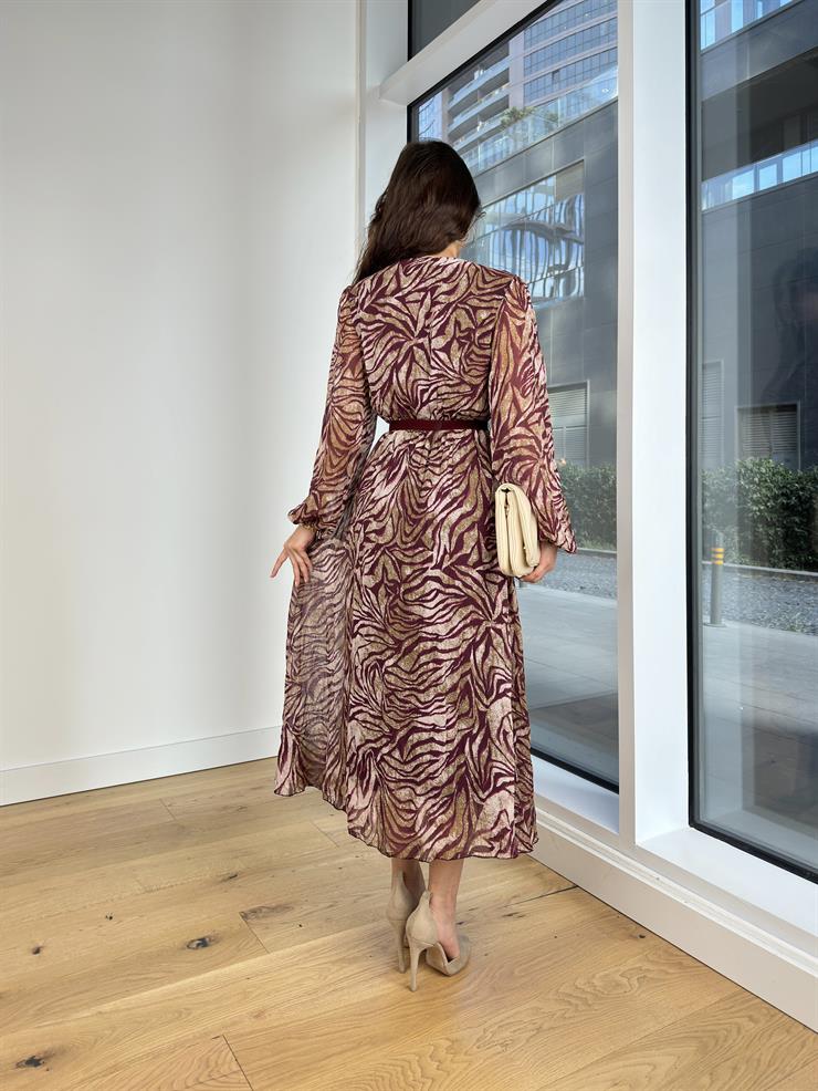 Kruvaze Yaka Beli Kemerli  Desenli Tobile Renkli Kadın Elbise 25K385