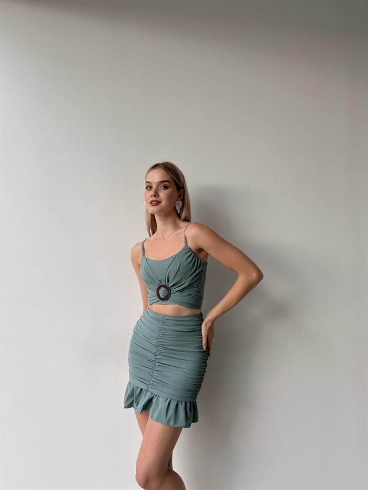 Toka Detaylı Bağcıklı Crop Volanlı Drape Alt Kostek Kadın Mint İkili Takım 22Y000383
