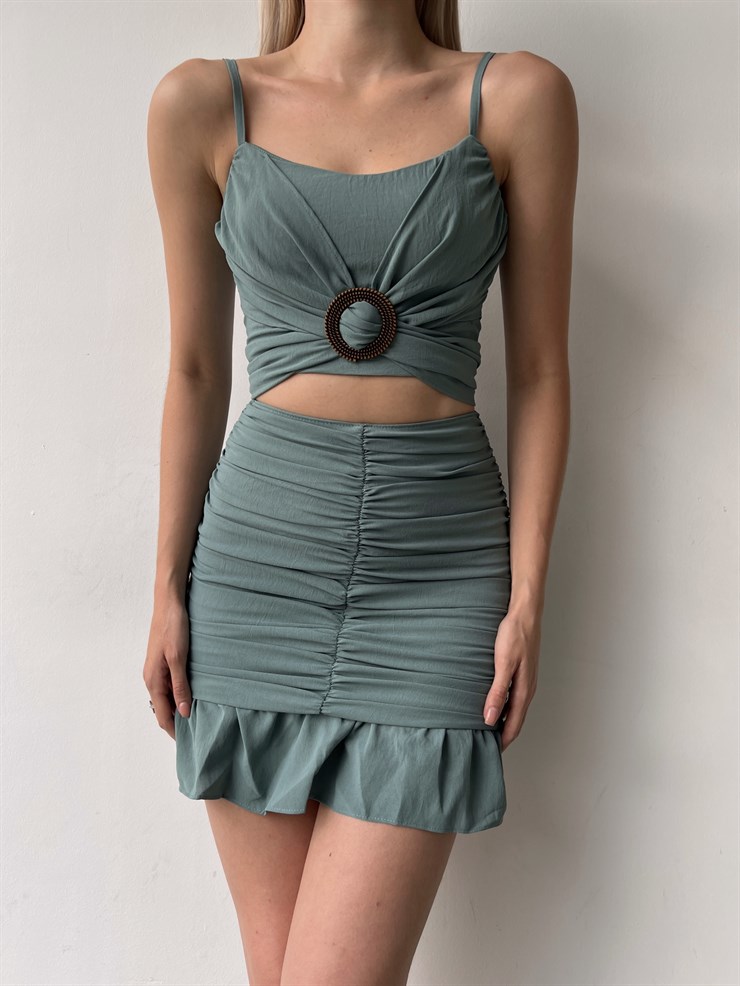 Toka Detaylı Bağcıklı Crop Volanlı Drape Alt Kostek Kadın Mint İkili Takım 22Y000383