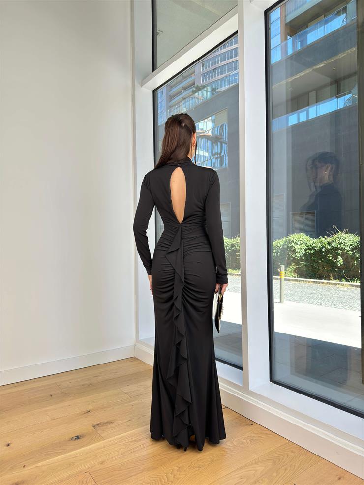 Balıkçı Yaka Göğüs Kısmı Pencere Detaylı Uzun Kol Drapeli Sırt Dekolteli Toms Siyah Kadın Elbise 25K220