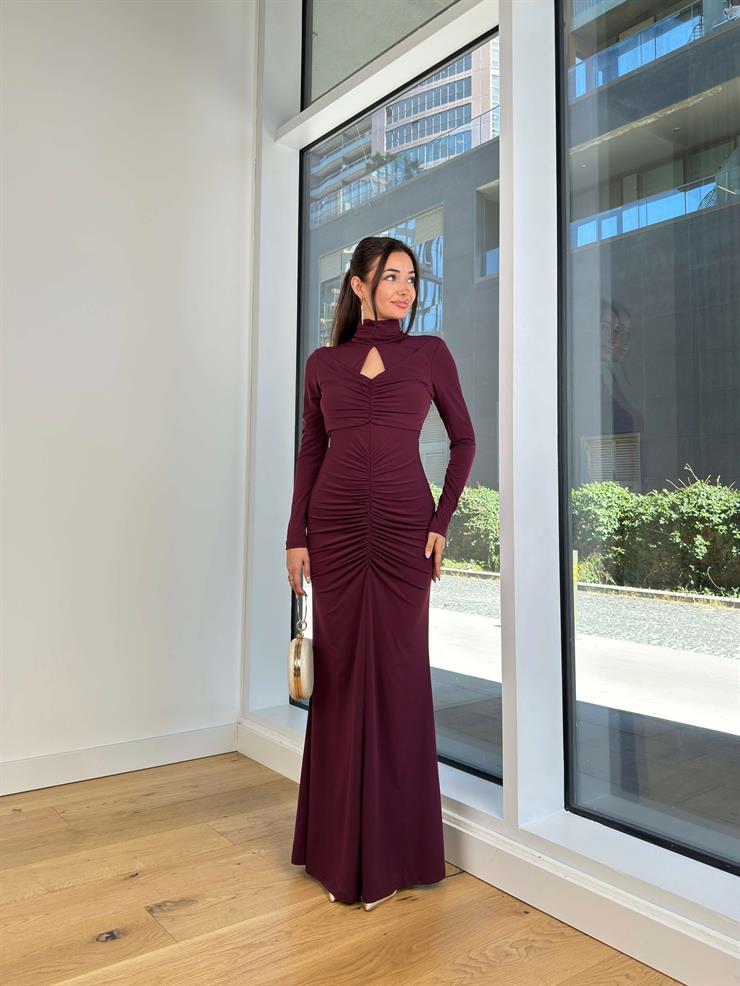 Balıkçı Yaka Göğüs Kısmı Pencere Detaylı Uzun Kol Drapeli Sırt Dekolteli Toms Mor Kadın Elbise 25K220