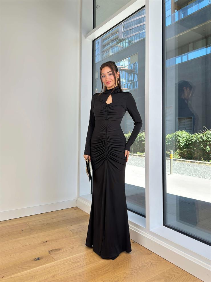 Balıkçı Yaka Göğüs Kısmı Pencere Detaylı Uzun Kol Drapeli Sırt Dekolteli Toms Siyah Kadın Elbise 25K220