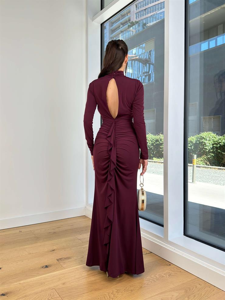 Balıkçı Yaka Göğüs Kısmı Pencere Detaylı Uzun Kol Drapeli Sırt Dekolteli Toms Mor Kadın Elbise 25K220