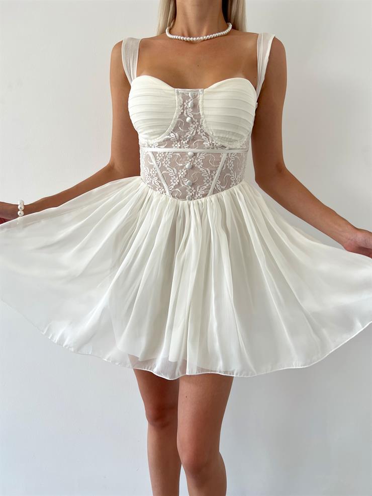 Transparan Dantel Görünümlü Önü Düğme Detaylı Lindeza Kadın Ekru Tül Mini Elbise 23Y000342