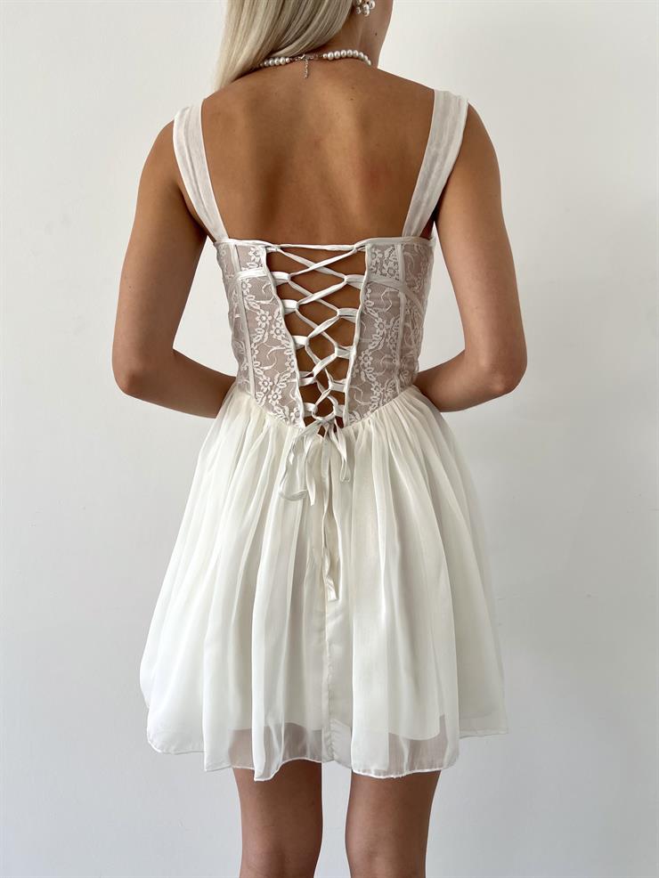 Transparan Dantel Görünümlü Önü Düğme Detaylı Lindeza Kadın Ekru Tül Mini Elbise 23Y000342