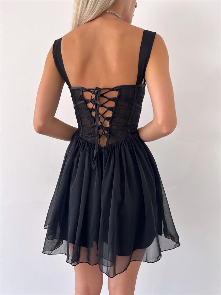 Transparan Dantel Görünümlü Önü Düğme Detaylı Lindeza Kadın Siyah Tül Mini Elbise 23Y000342