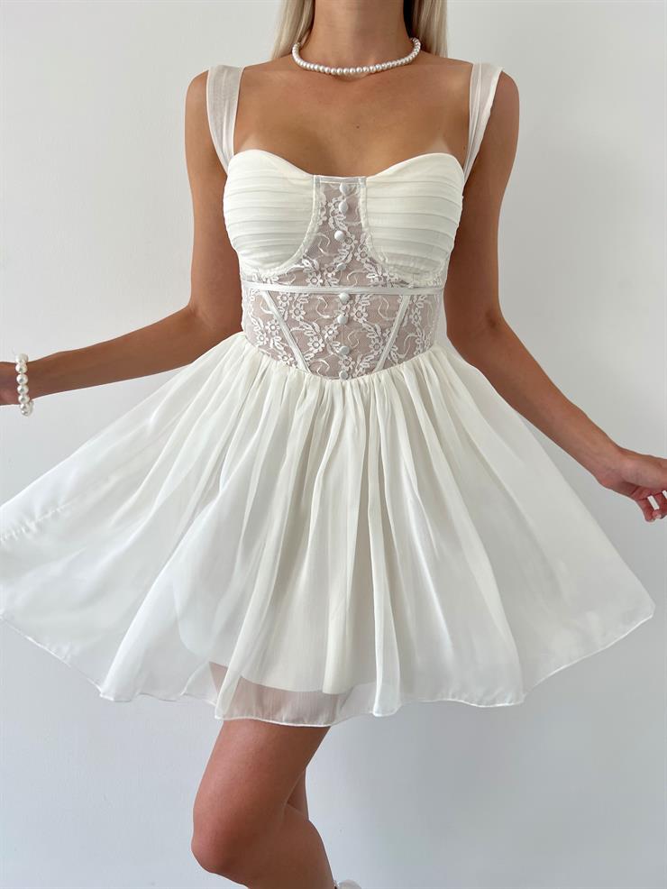 Transparan Dantel Görünümlü Önü Düğme Detaylı Lindeza Kadın Ekru Tül Mini Elbise 23Y000342