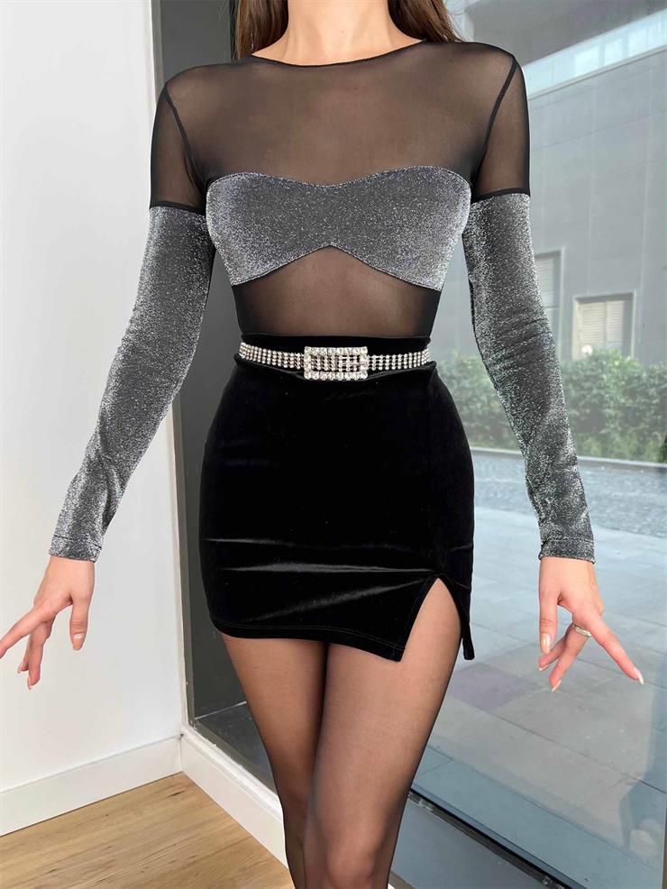 Transparan Zelia Kadın Siyah Gümüş Detaylı Bodysuit 24k346