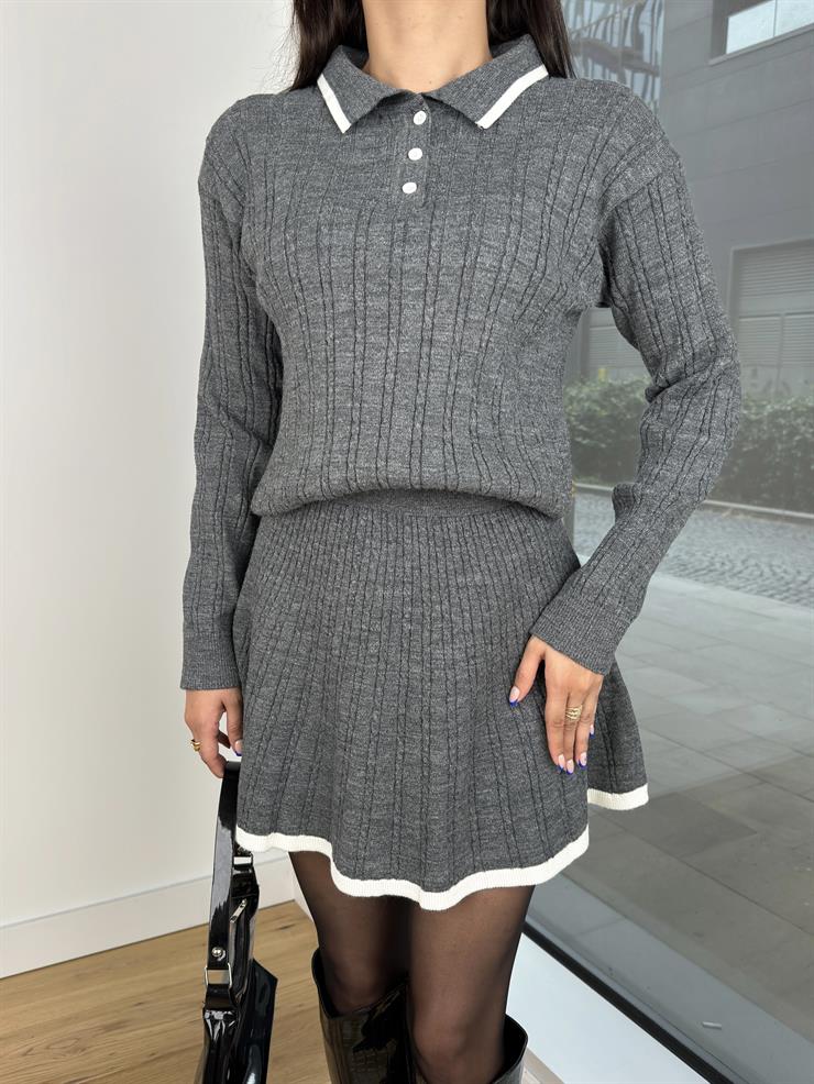 Polo Yaka Düğmeli Uzun Kol Bluz Yüksek Bel Etek Trever Kadın Gri İkili Takım 25K055