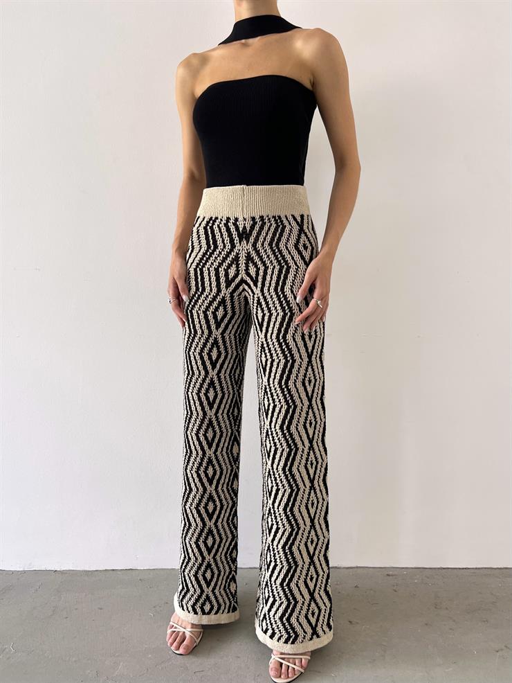 Yüksek Bel Triko Örme Kadın Desenli Taş Pantolon 23Y000529