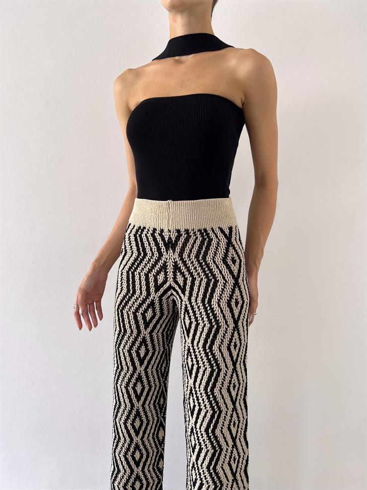 Yüksek Bel Triko Örme Kadın Desenli Taş Pantolon 23Y000529