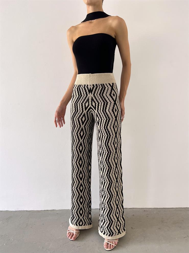 Yüksek Bel Triko Örme Kadın Desenli Taş Pantolon 23Y000529