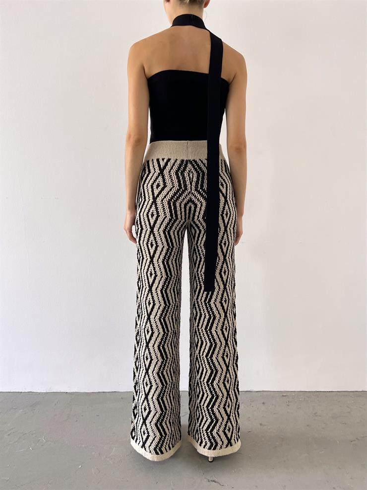 Yüksek Bel Triko Örme Kadın Desenli Taş Pantolon 23Y000529