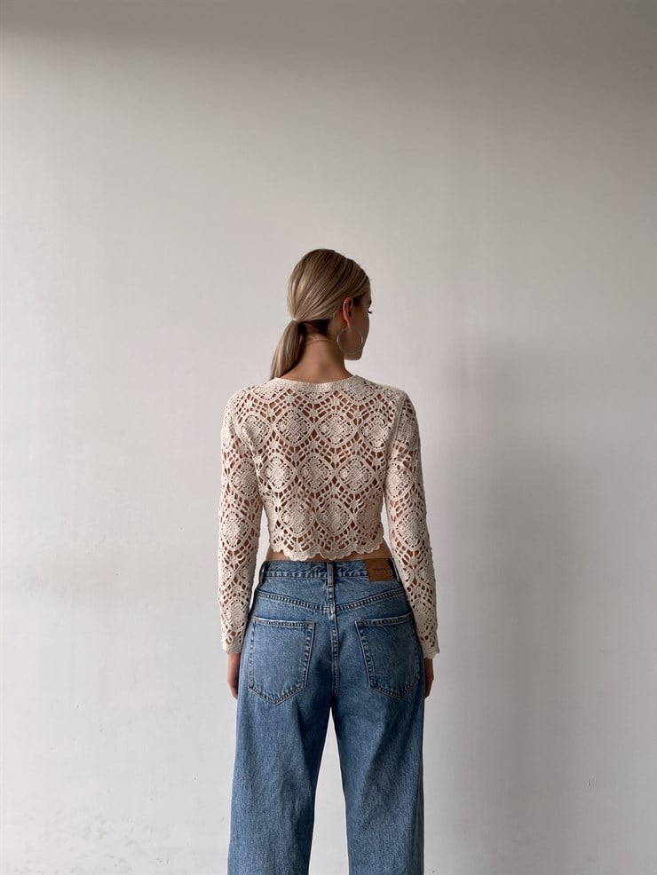 Triko Yakası Bağcıklı Motif Dokulu Adriel Kadın Bej Crop Hırka 22Y000204