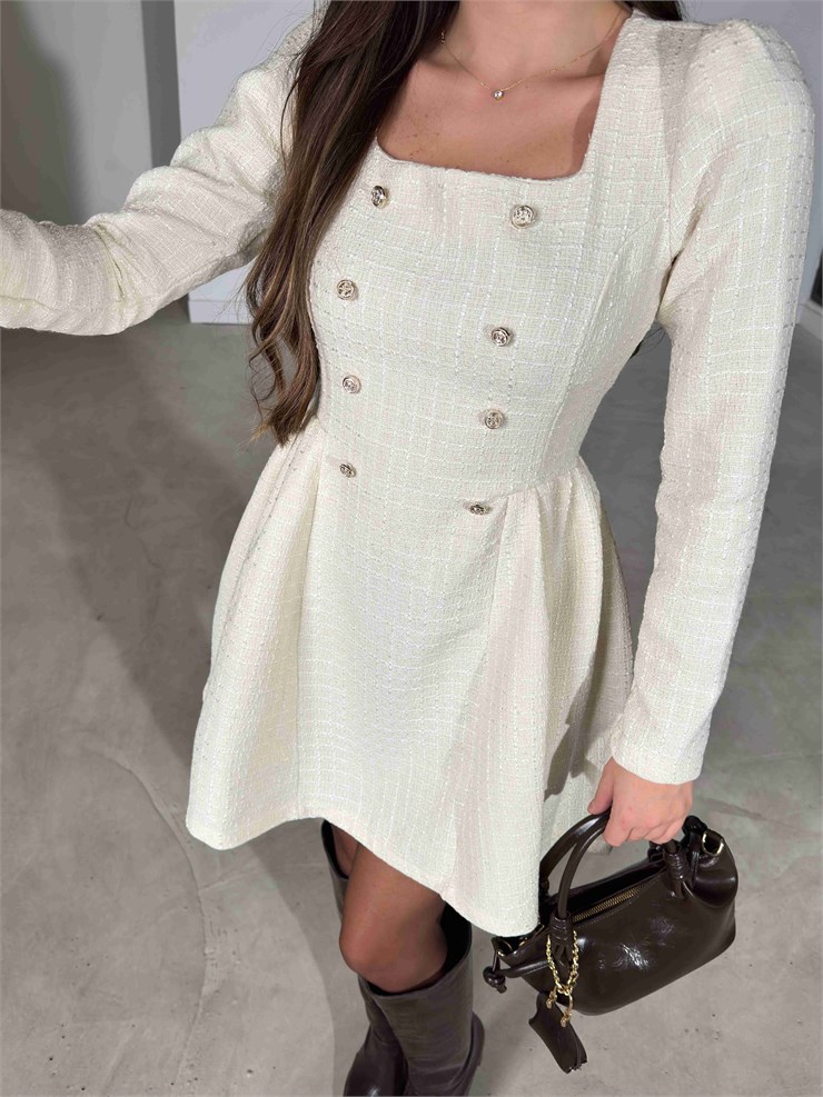 Kare Yaka Önden Düğme Detatlı Tüvit Ekru Mini Boy Trista Kadın Elbise 26Y733
