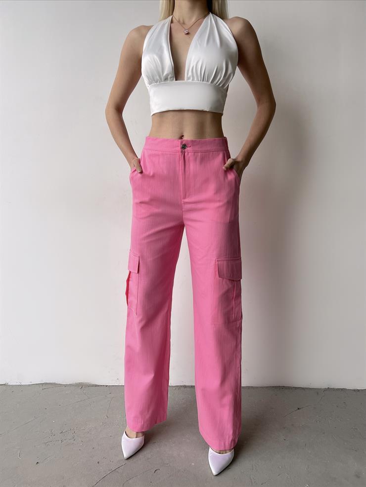 High Waist Heny Womens Pink Cargo Pants with Side Pockets 23Y000231