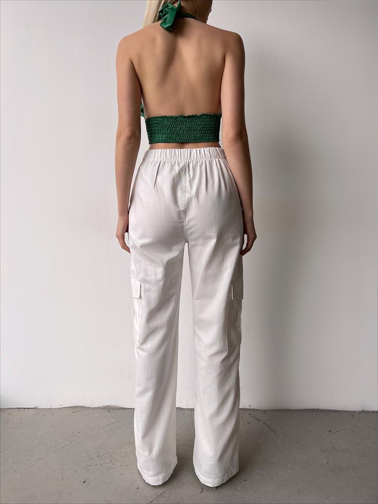 High Waist Heny Womens Ecru Cargo Pants with Side Pockets 23Y000231