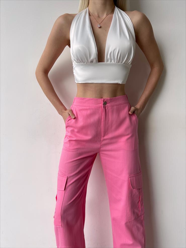 High Waist Heny Womens Pink Cargo Pants with Side Pockets 23Y000231