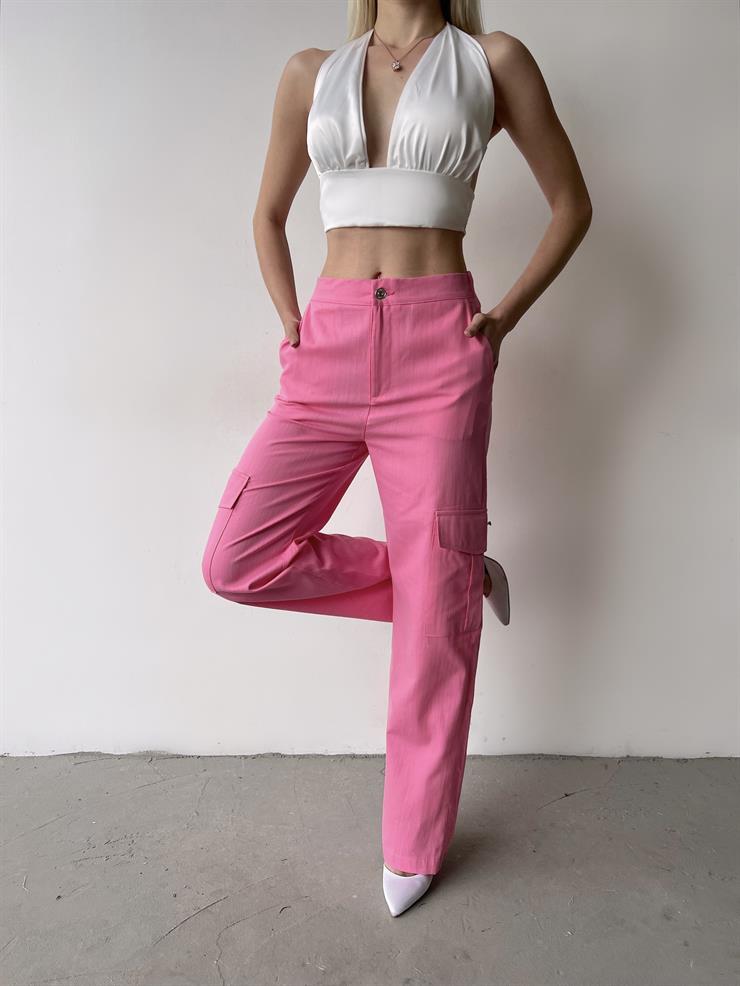 Yüksek Bel Arkası Lastikli Yanları Cepli Heny Kadın Pembe Kargo Pantolon 23Y000231