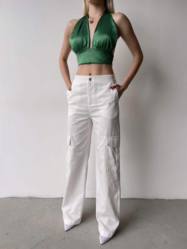 Yüksek Bel Arkası Lastikli Yanları Cepli Heny Kadın Ekru Kargo Pantolon 23Y000231