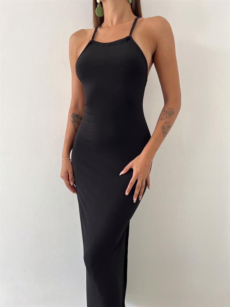 İnce Arkadan Çapraz Bağlamalı Askı Trudey Yırtmaçlı Kadın Siyah Elbise 23Y000608