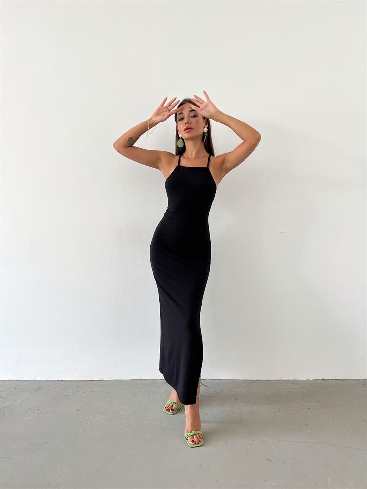 İnce Arkadan Çapraz Bağlamalı Askı Trudey Yırtmaçlı Kadın Siyah Elbise 23Y000608