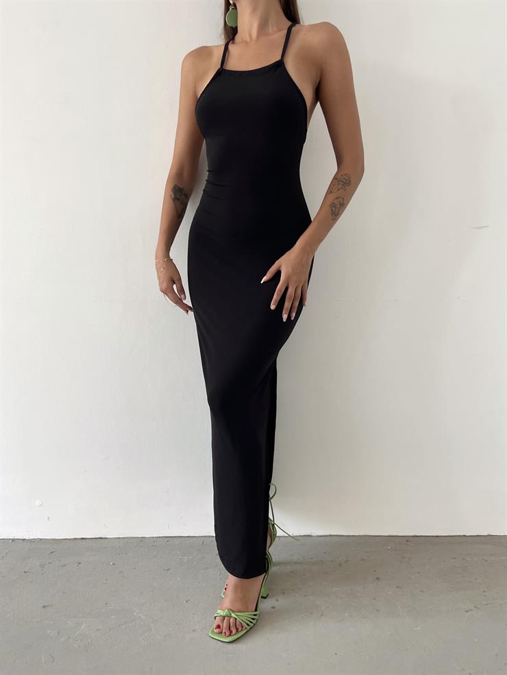 İnce Arkadan Çapraz Bağlamalı Askı Trudey Yırtmaçlı Kadın Siyah Elbise 23Y000608