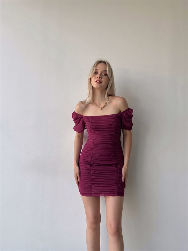 Tül Açık Omuz Drapeli Celino Kadın Fuşya Mini Elbise 22Y000340