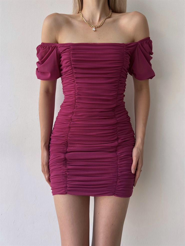 Tül Açık Omuz Drapeli Celino Kadın Fuşya Mini Elbise 22Y000340