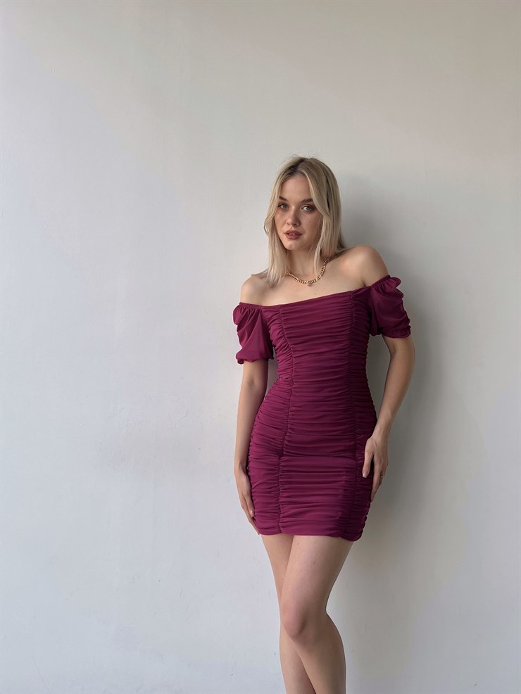 Tül Açık Omuz Drapeli Celino Kadın Fuşya Mini Elbise 22Y000340