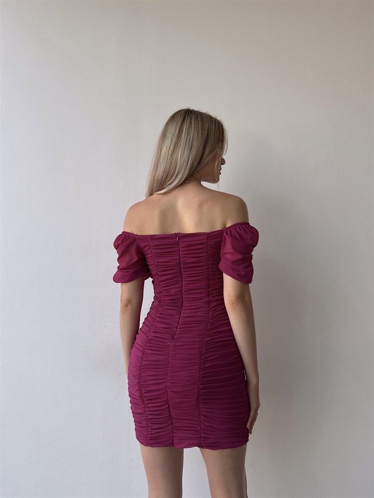 Tül Açık Omuz Drapeli Celino Kadın Fuşya Mini Elbise 22Y000340