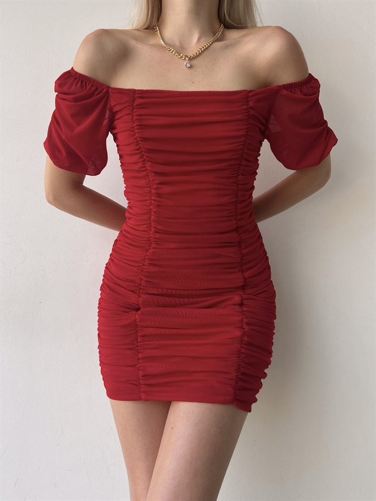 Tül Açık Omuz Drapeli Celino Kadın Kırmızı Mini Elbise 22Y000340