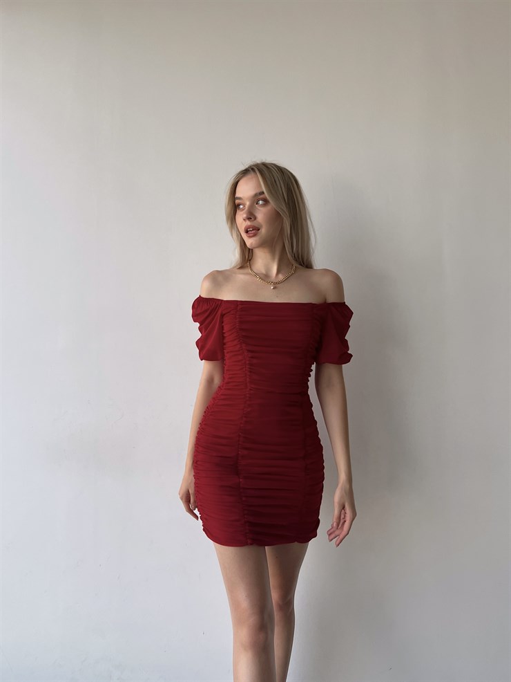 Tül Açık Omuz Drapeli Celino Kadın Kırmızı Mini Elbise 22Y000340