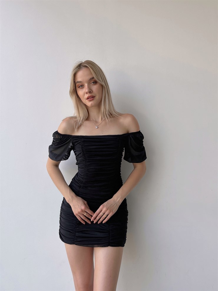 Tül Açık Omuz Drapeli Celino Kadın Siyah Mini Elbise 22Y000340