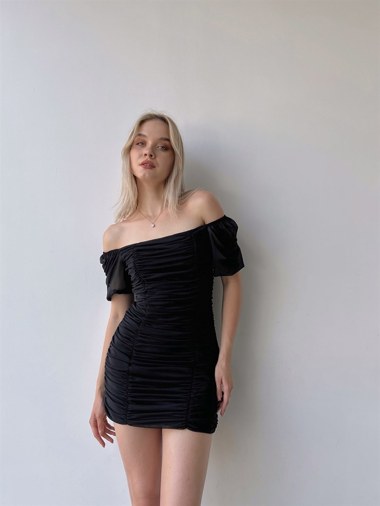 Tül Açık Omuz Drapeli Celino Kadın Siyah Mini Elbise 22Y000340