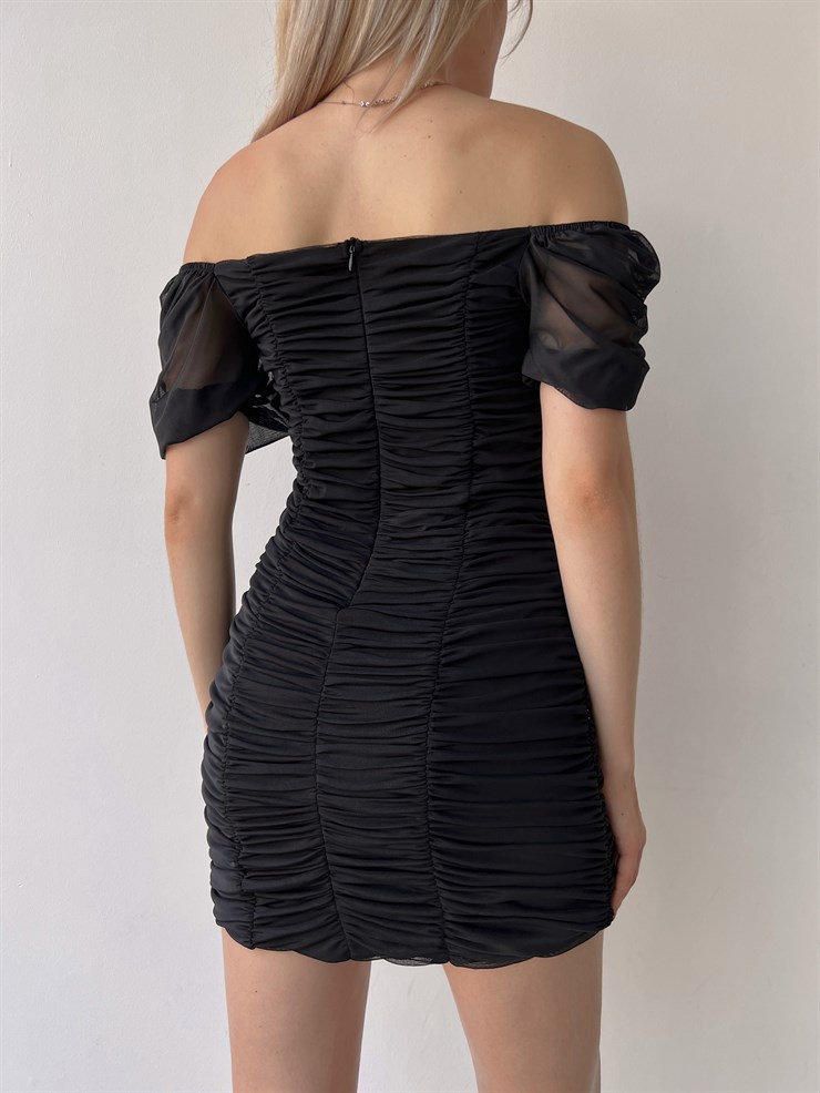 Tül Açık Omuz Drapeli Celino Kadın Siyah Mini Elbise 22Y000340