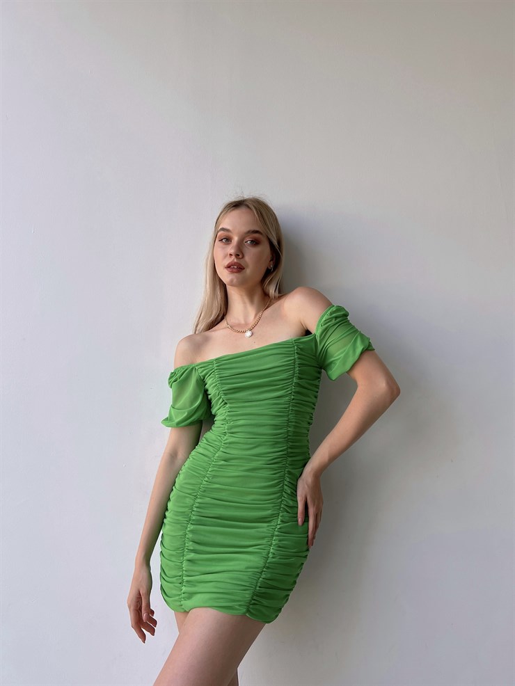 Tül Açık Omuz Drapeli Celino Kadın Yeşil Mini Elbise 22Y000340
