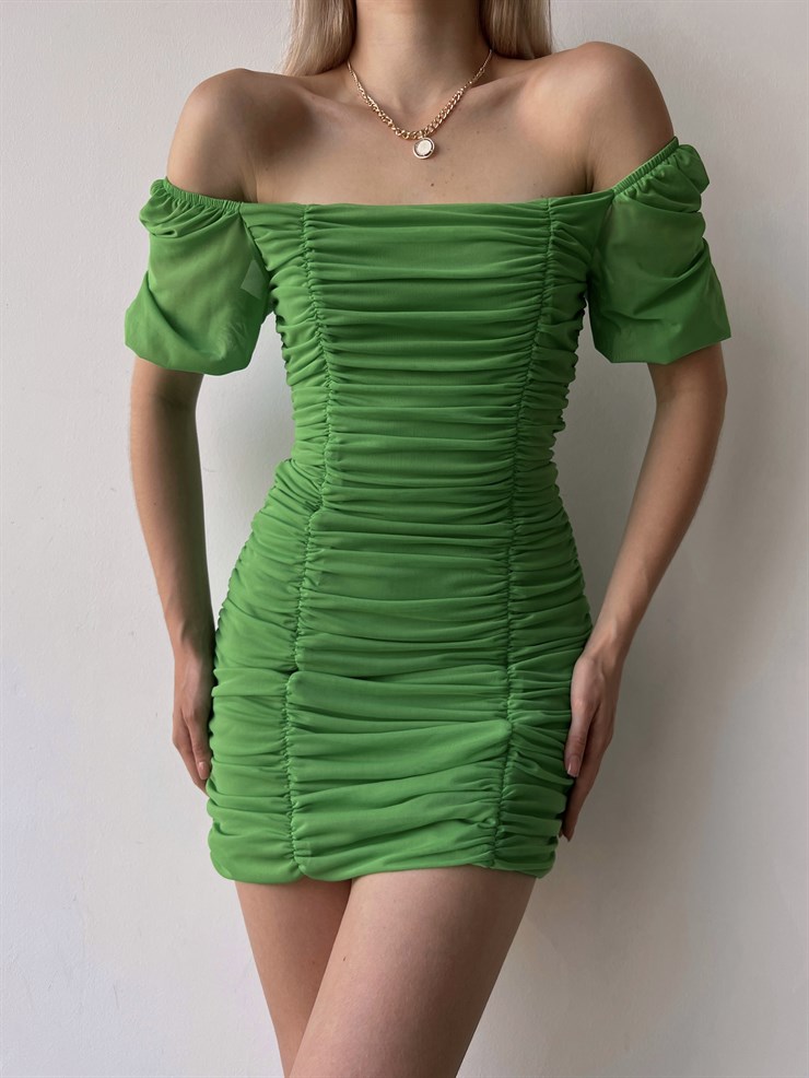 Tül Açık Omuz Drapeli Celino Kadın Yeşil Mini Elbise 22Y000340