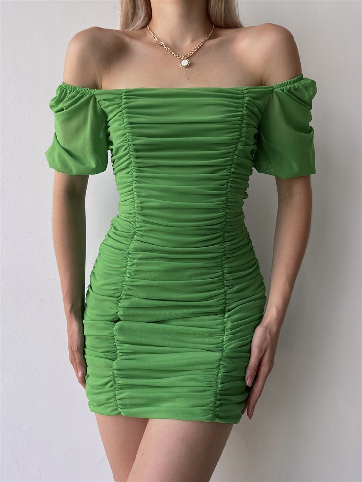 Tül Açık Omuz Drapeli Celino Kadın Yeşil Mini Elbise 22Y000340