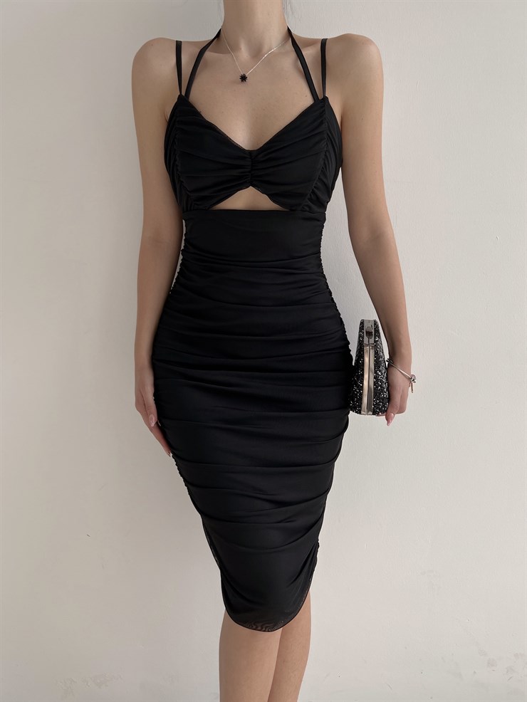 Tül Göğüs Kısmı Pencere Detaylı Lamar Kadın Siyah Midi Elbise 22Y000203