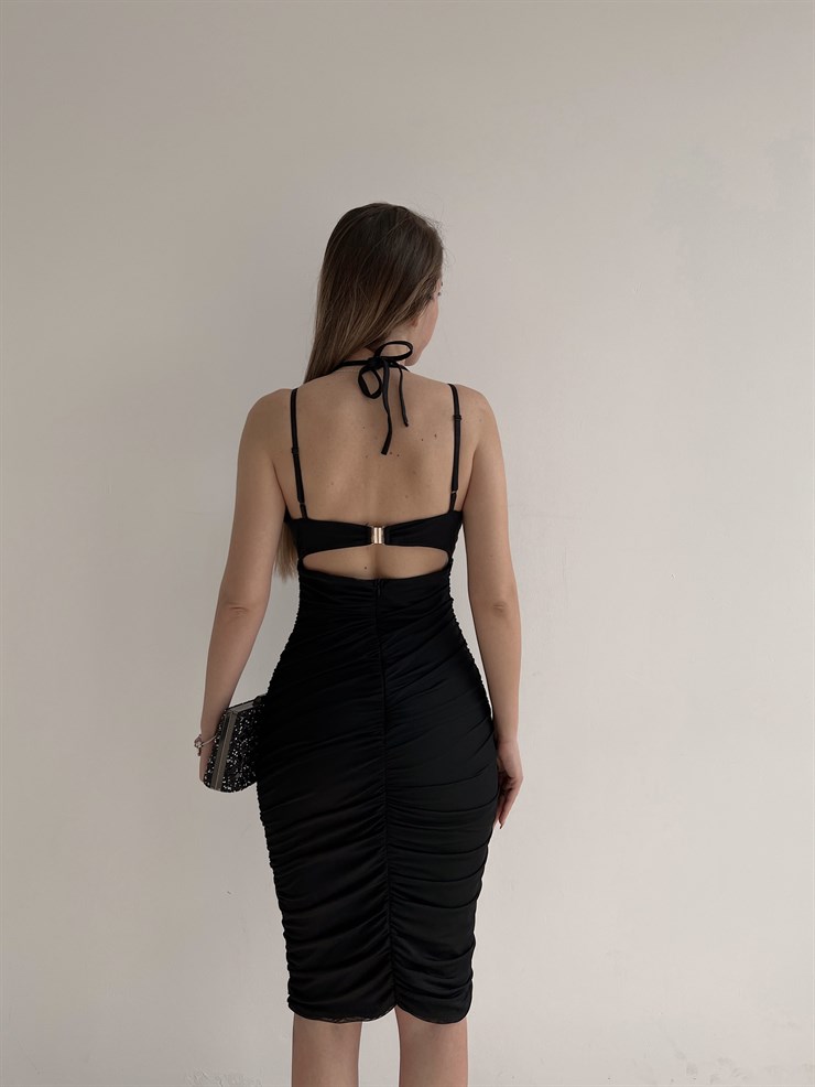 Tül Göğüs Kısmı Pencere Detaylı Lamar Kadın Siyah Midi Elbise 22Y000203